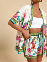 Vibrant Abstract Print Kimono and Shorts Set