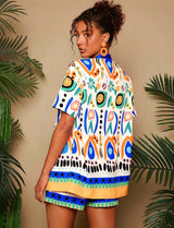 Vibrant Abstract Print Kimono and Shorts Set