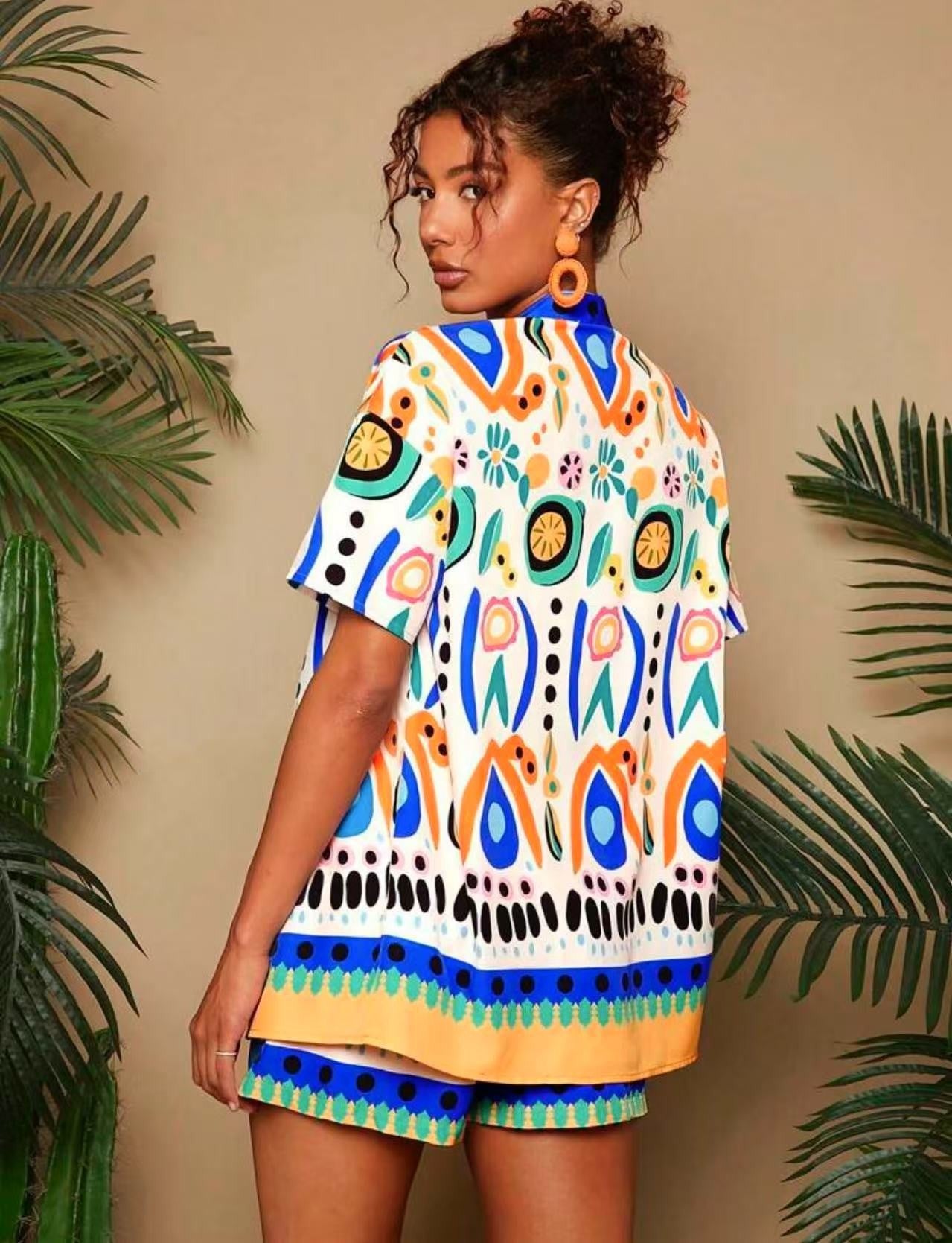 Vibrant Abstract Print Kimono and Shorts Set