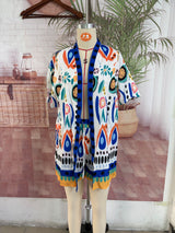 Vibrant Abstract Print Kimono and Shorts Set