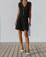 Chic Linen V-Neck Button Vest and Shorts Set