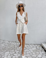 Chic Linen V-Neck Button Vest and Shorts Set