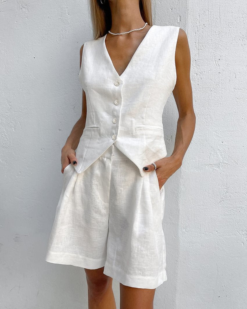 Chic Linen V-Neck Button Vest and Shorts Set