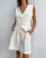Chic Linen V-Neck Button Vest and Shorts Set