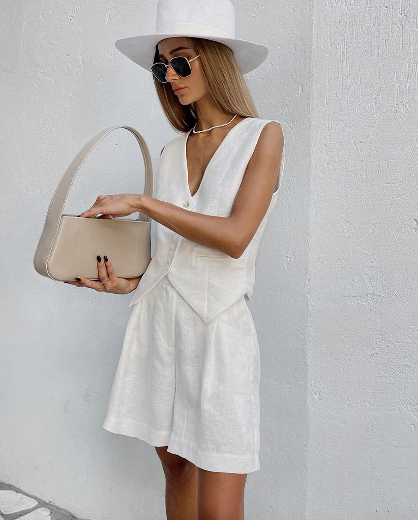 Chic Linen V-Neck Button Vest and Shorts Set