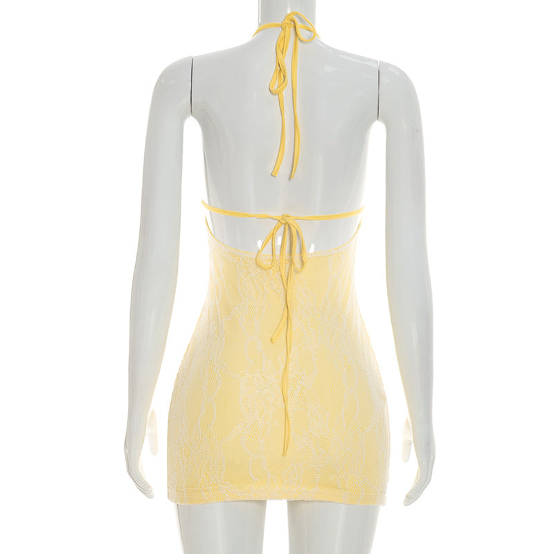 Romantic Pastel Yellow Lace Ruffle Mini Dress