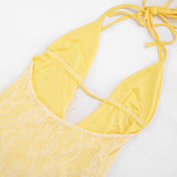 Romantic Pastel Yellow Lace Ruffle Mini Dress