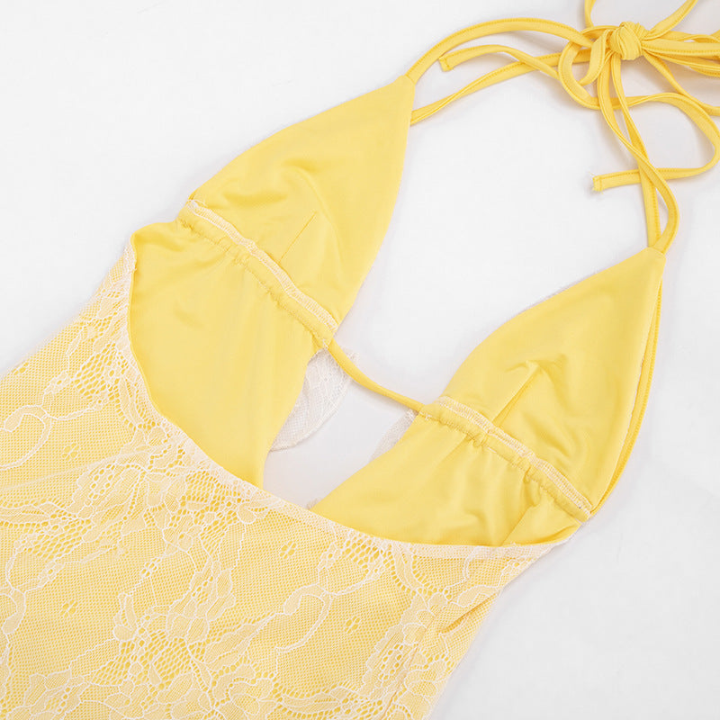 Romantic Pastel Yellow Lace Ruffle Mini Dress
