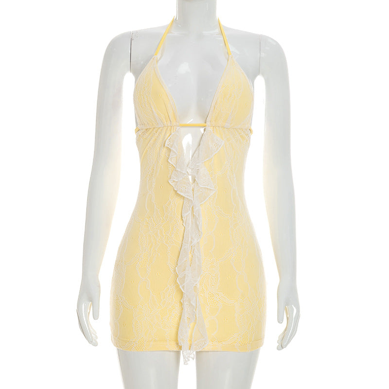 Romantic Pastel Yellow Lace Ruffle Mini Dress