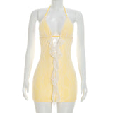 Romantic Pastel Yellow Lace Ruffle Mini Dress