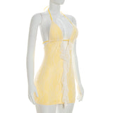 Romantic Pastel Yellow Lace Ruffle Mini Dress