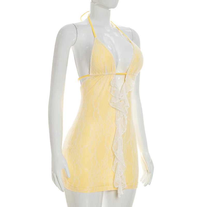Romantic Pastel Yellow Lace Ruffle Mini Dress