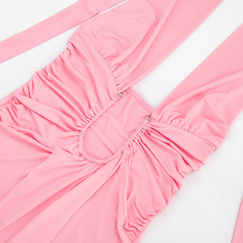 Ruched Halter Deep V Mini Dress