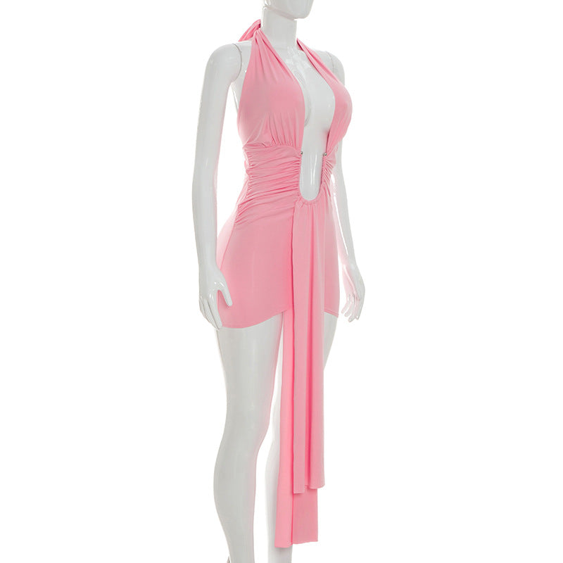 Ruched Halter Deep V Mini Dress
