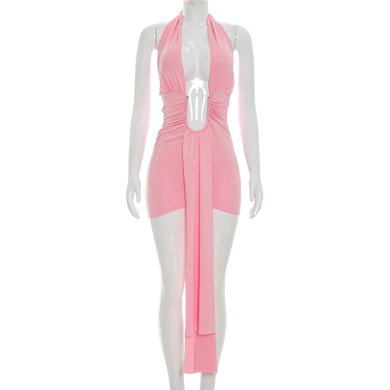 Ruched Halter Deep V Mini Dress