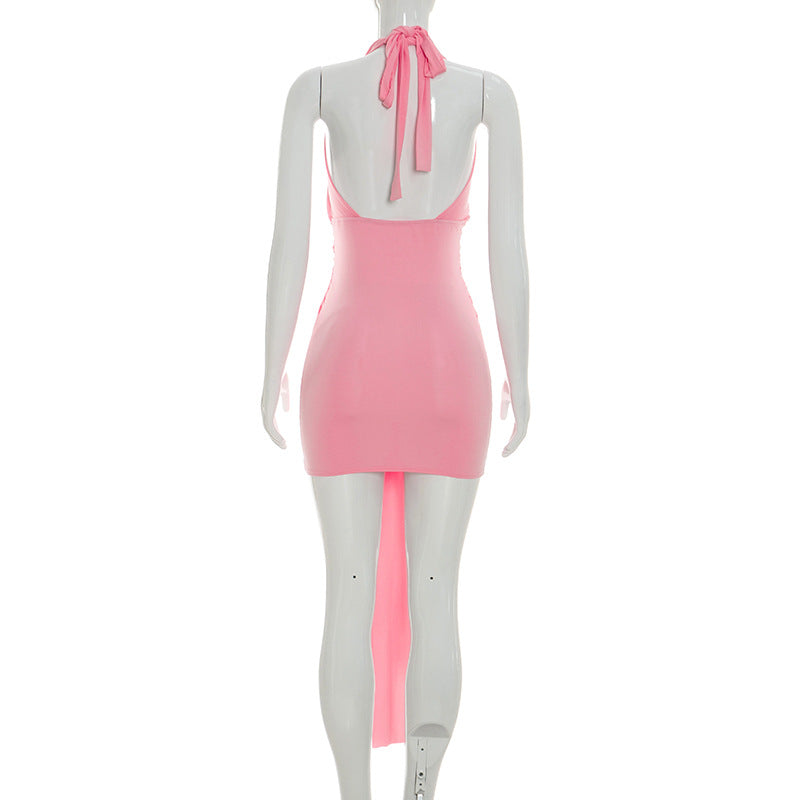 Ruched Halter Deep V Mini Dress