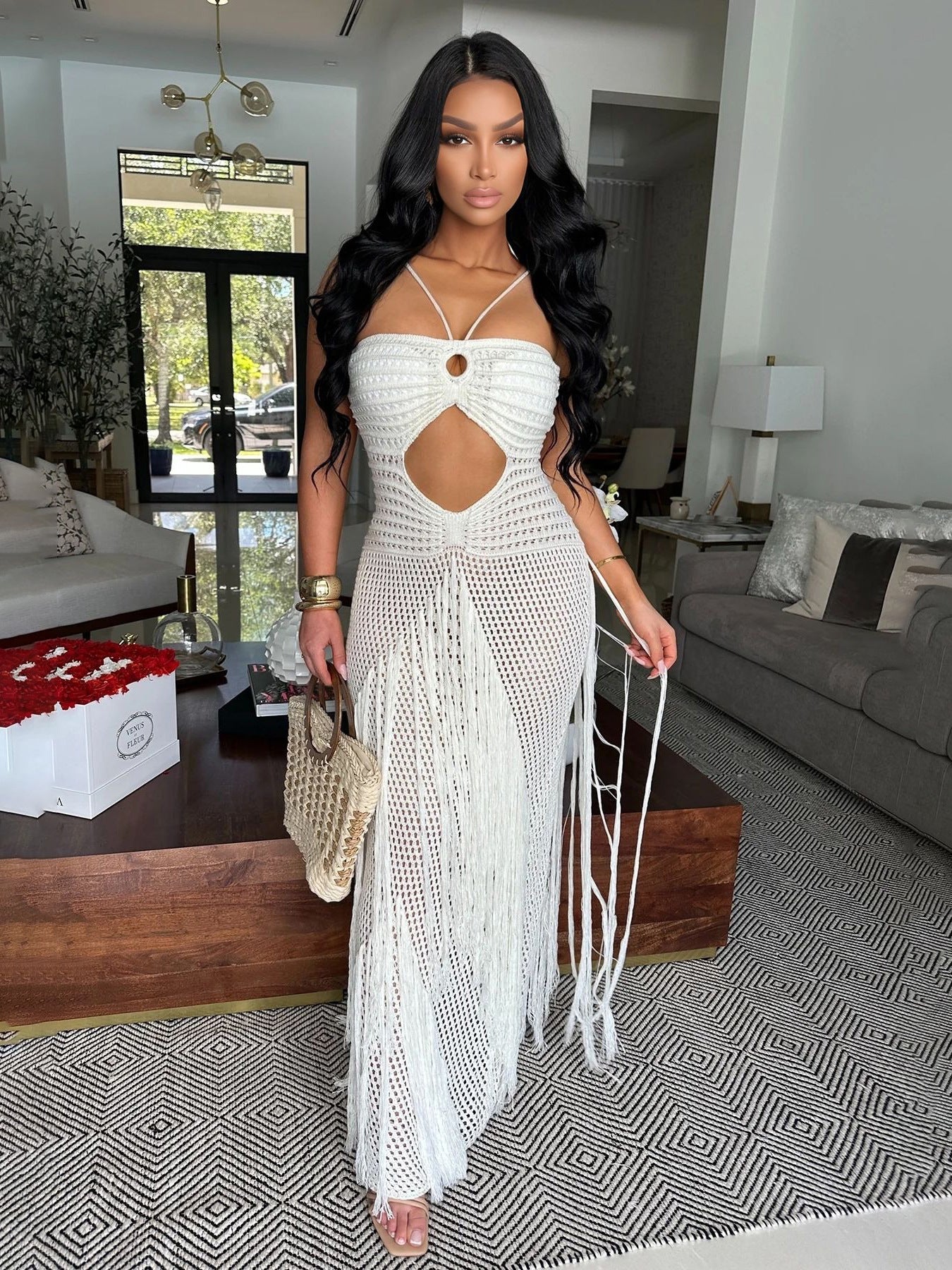 Crochet Fringe Beach Maxi Dress