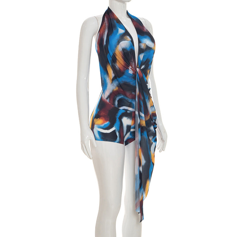 Women's Abstract Print Halter Romper Dress