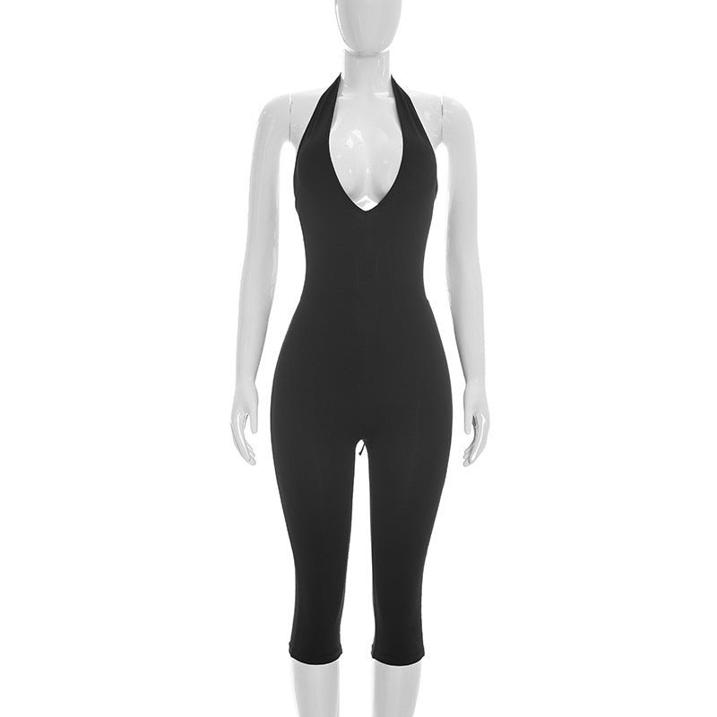 Women's Deep V Halter Capri Jumpsuit