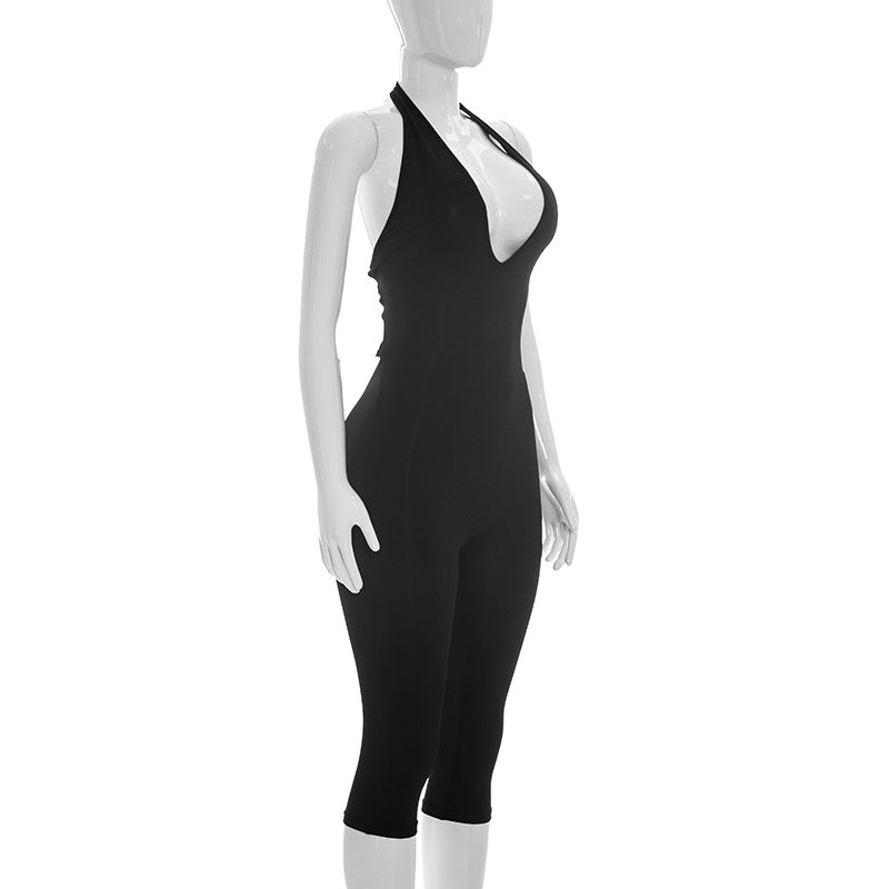 Women's Deep V Halter Capri Jumpsuit