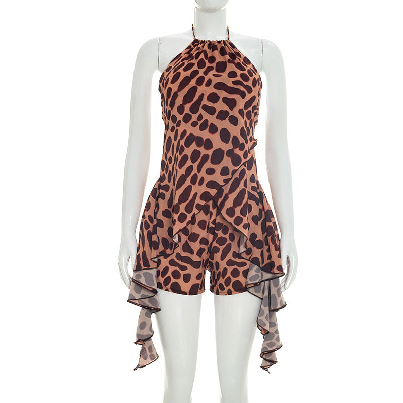 Women's Leopard Print Halter Romper Dress