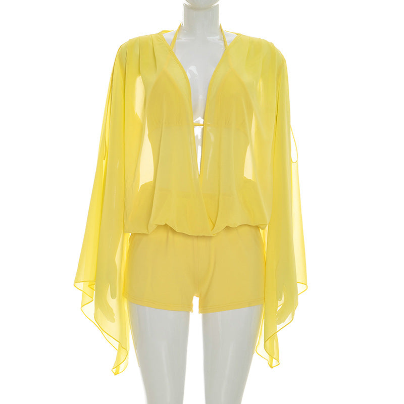 Women's Chiffon Kimono Sleeve Shorts Set