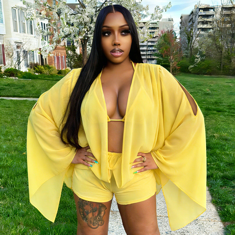 Women's Chiffon Kimono Sleeve Shorts Set