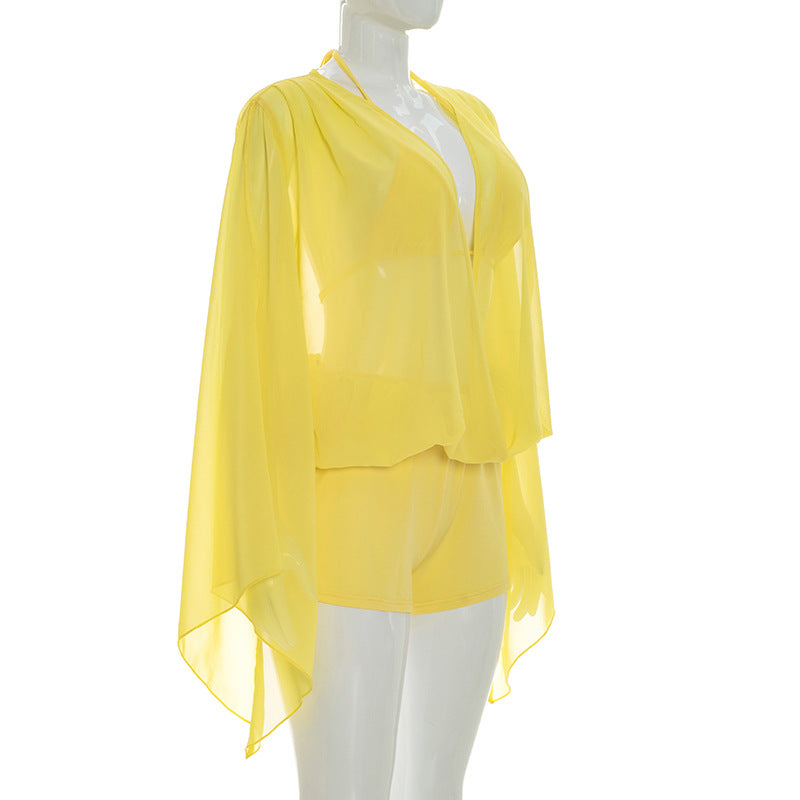 Women's Chiffon Kimono Sleeve Shorts Set
