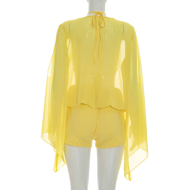 Women's Chiffon Kimono Sleeve Shorts Set