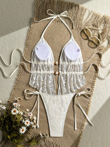 Lace Crochet Cutout Tie Side Monokini Swimsuit