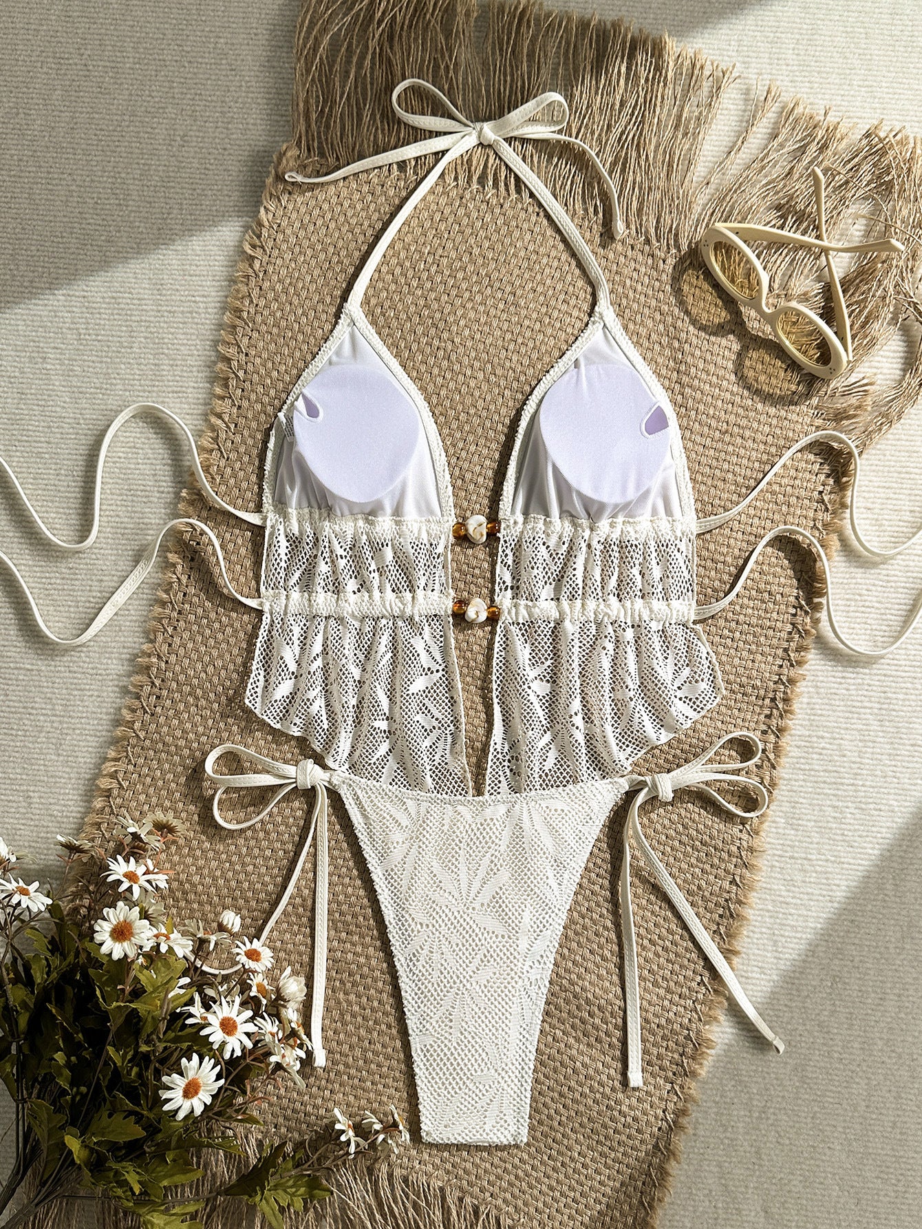 Lace Crochet Cutout Tie Side Monokini Swimsuit