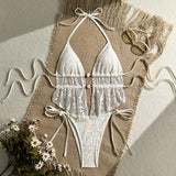 Lace Crochet Cutout Tie Side Monokini Swimsuit