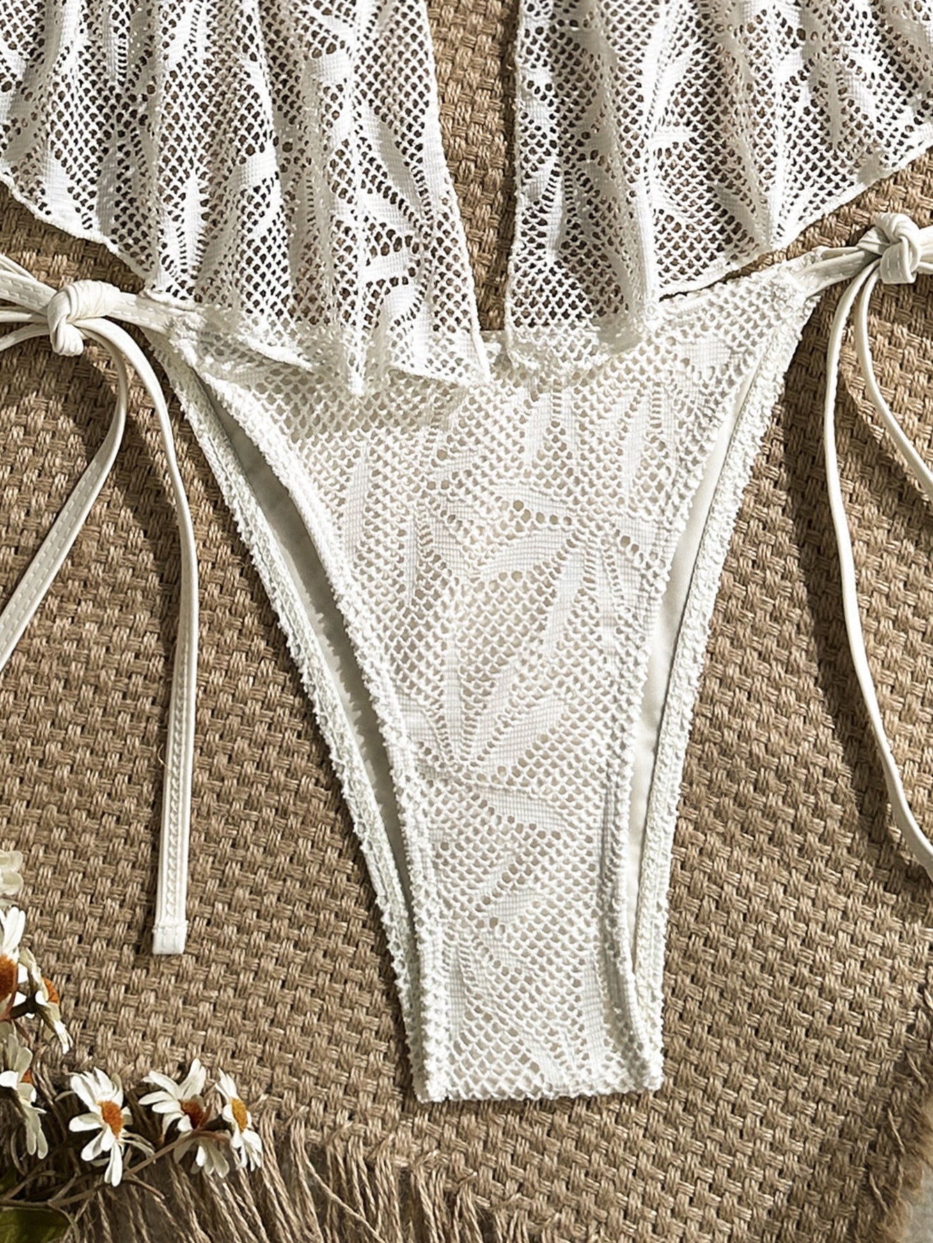 Lace Crochet Cutout Tie Side Monokini Swimsuit