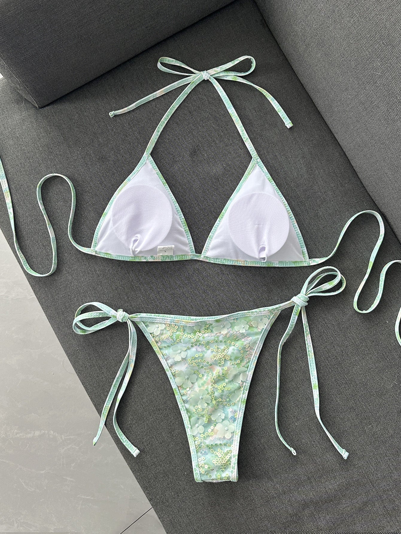 Floral Sequin Tie Side Triangle Bikini Set