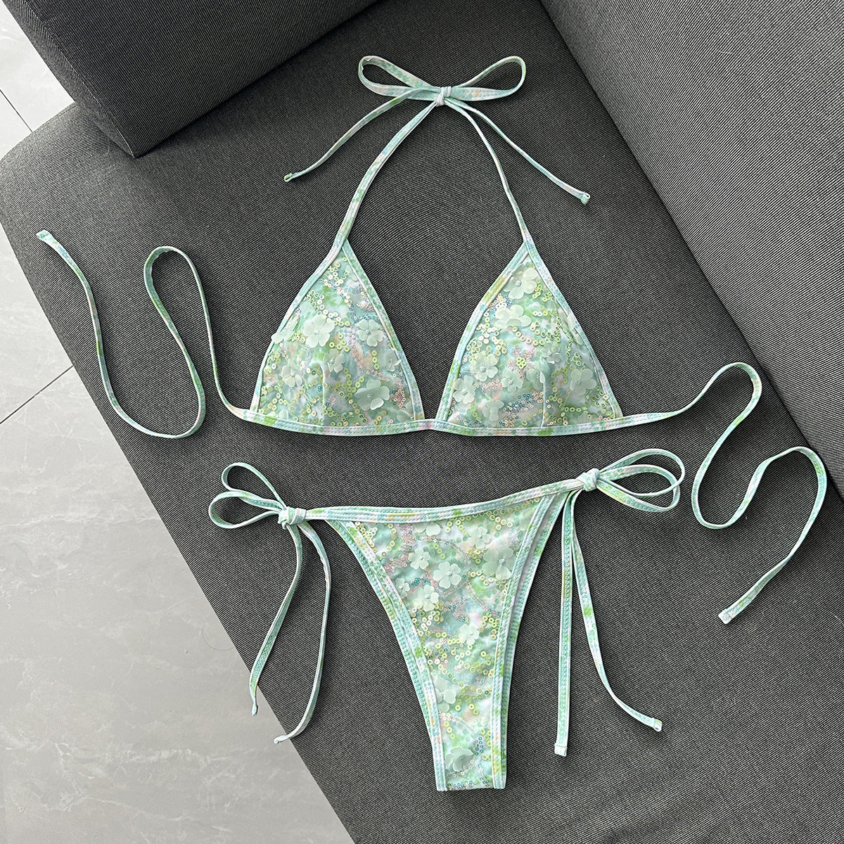 Floral Sequin Tie Side Triangle Bikini Set