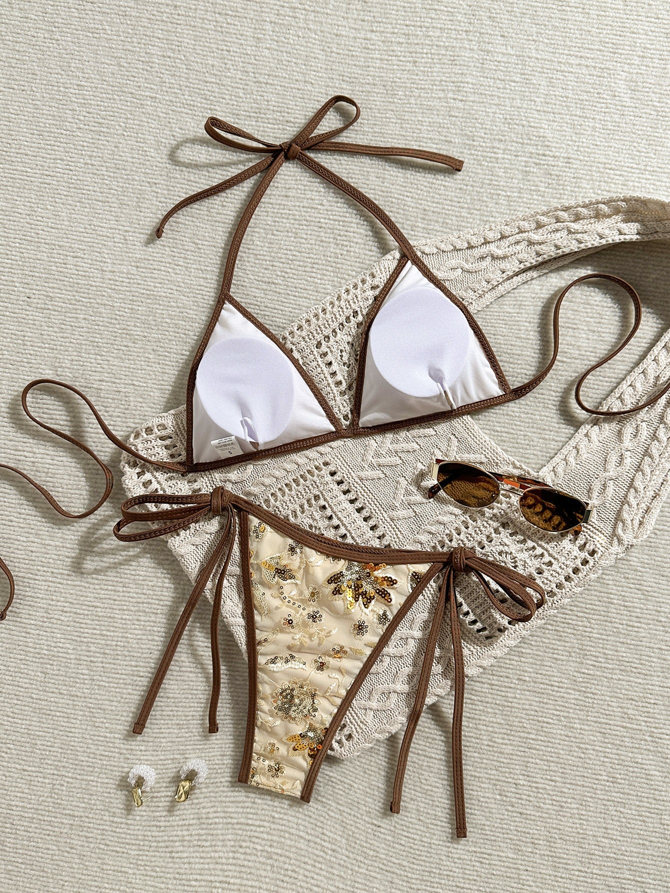 Floral Sequin Tie Side Triangle Bikini Set