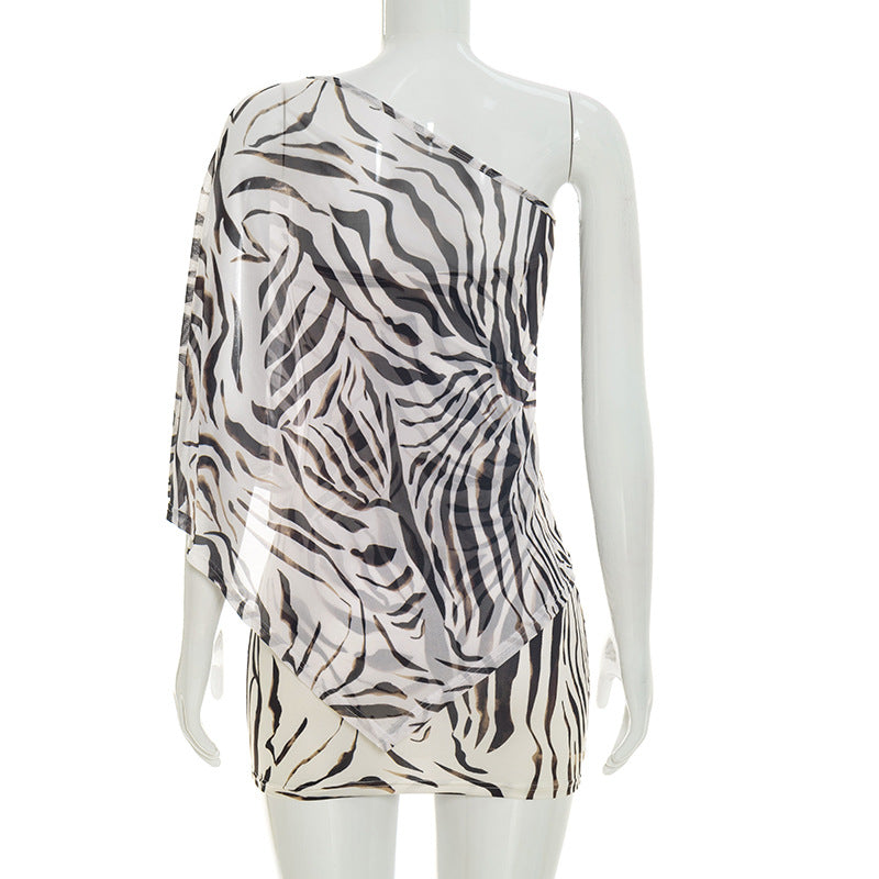 Zebra Print One Shoulder Mini Dress
