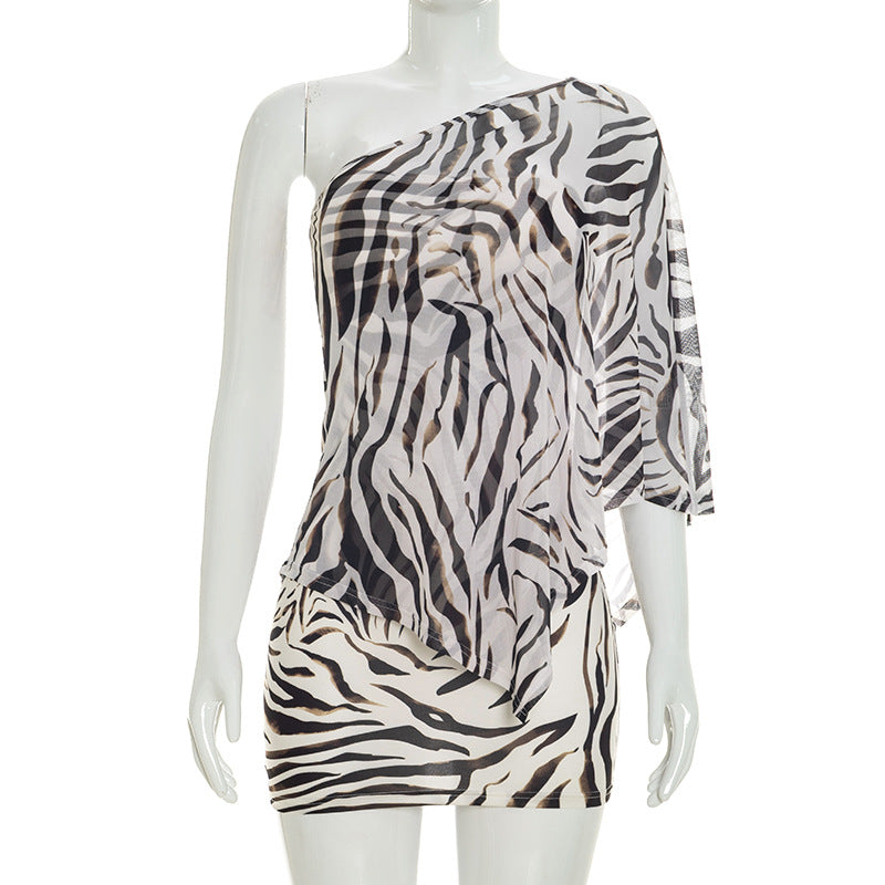 Zebra Print One Shoulder Mini Dress