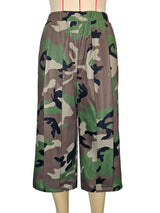 Women's Camouflage Wide Leg Cropped Pants with Elastic Waist