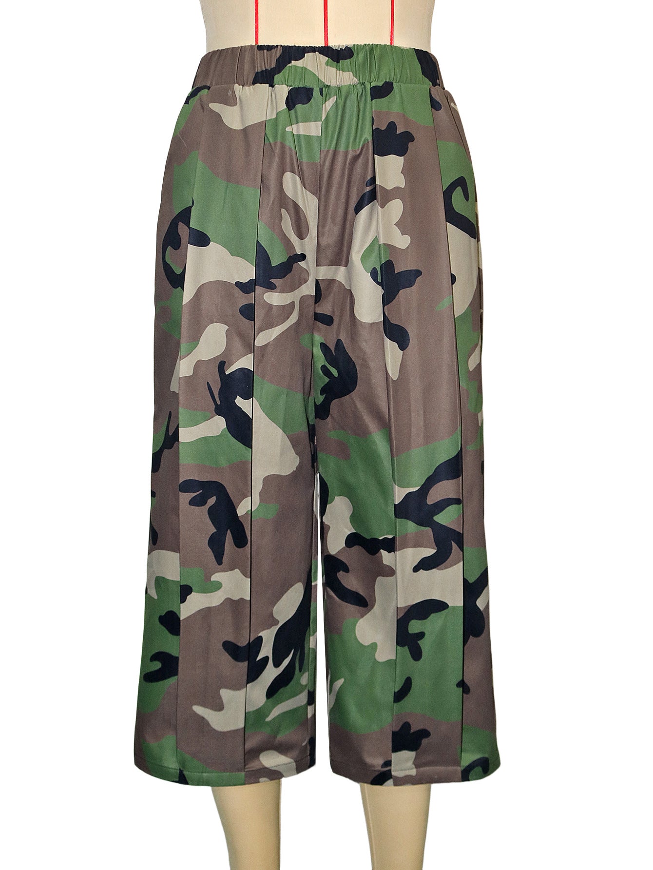 Women's Camouflage Wide Leg Cropped Pants with Elastic Waist