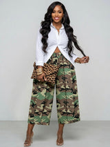 Women's Camouflage Wide Leg Cropped Pants with Elastic Waist