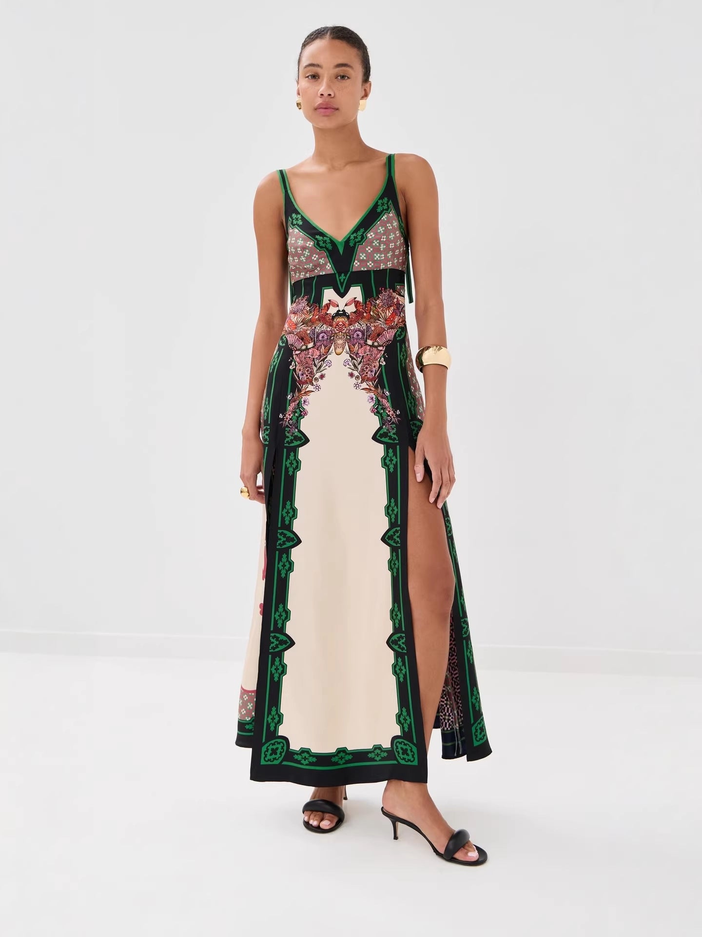 Women's Floral Border Print Side Slit Maxi Dress