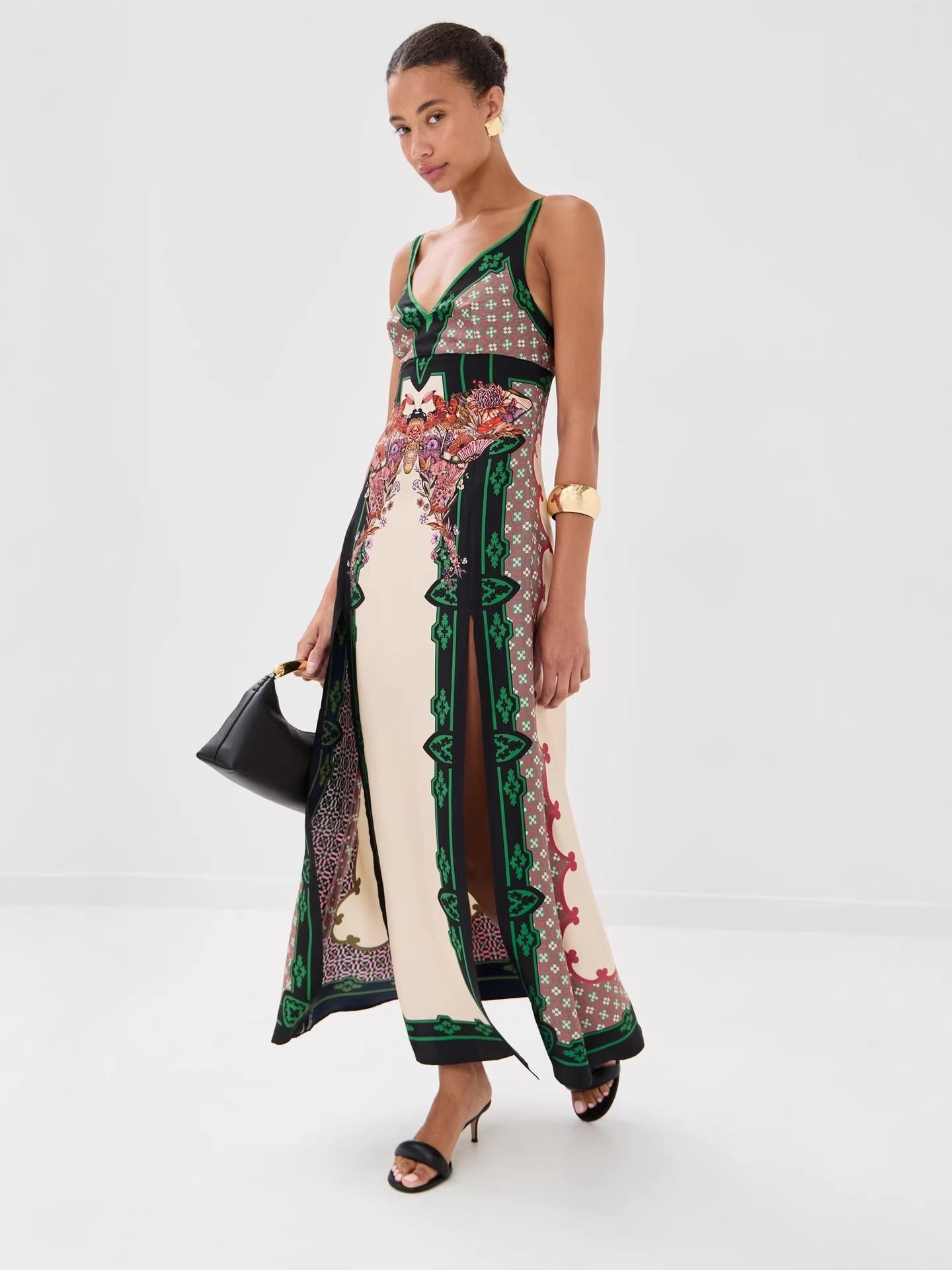 Women's Floral Border Print Side Slit Maxi Dress