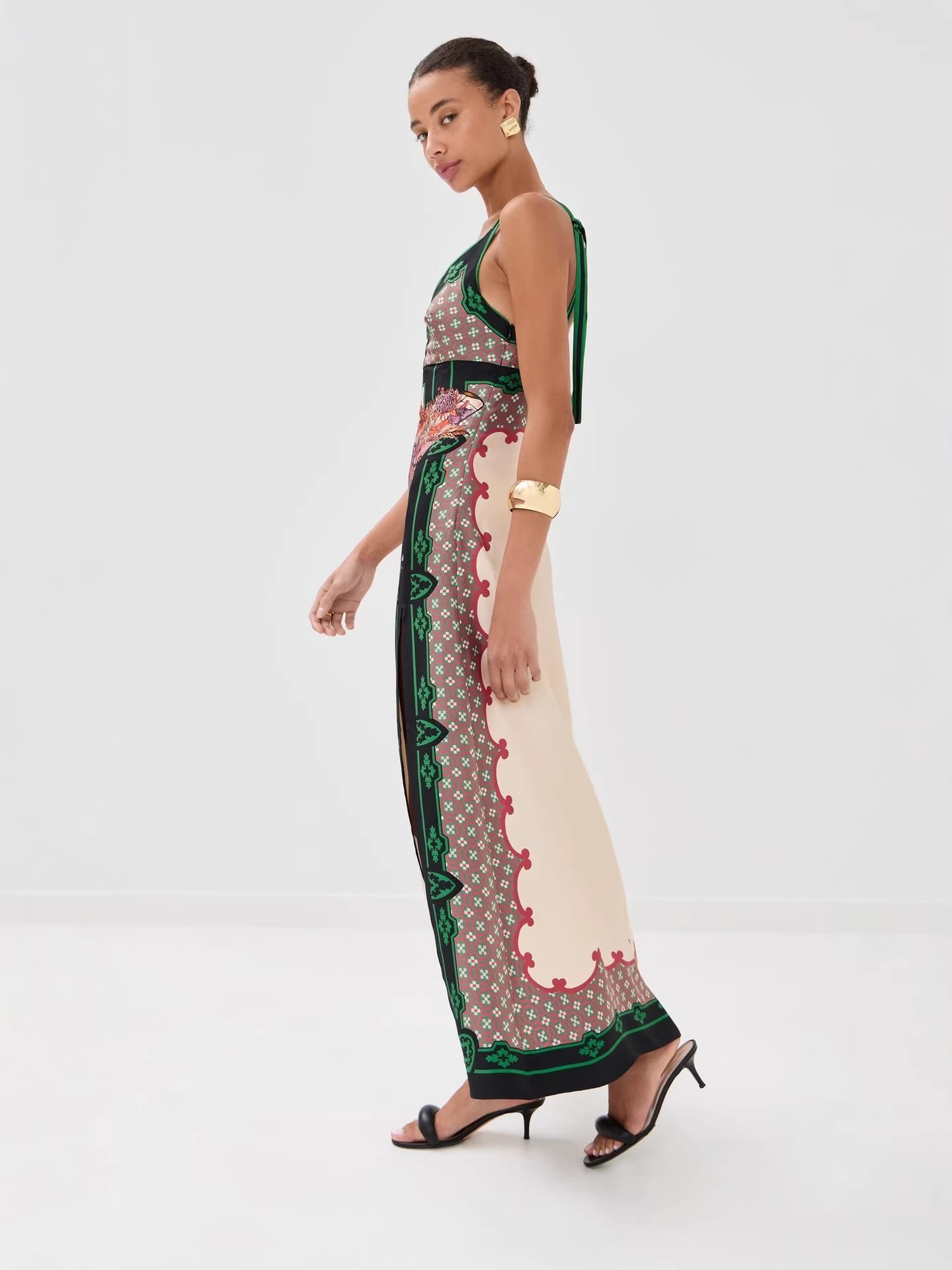 Women's Floral Border Print Side Slit Maxi Dress