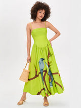 Women's Bird Print Corset Maxi Dress - Lime Green