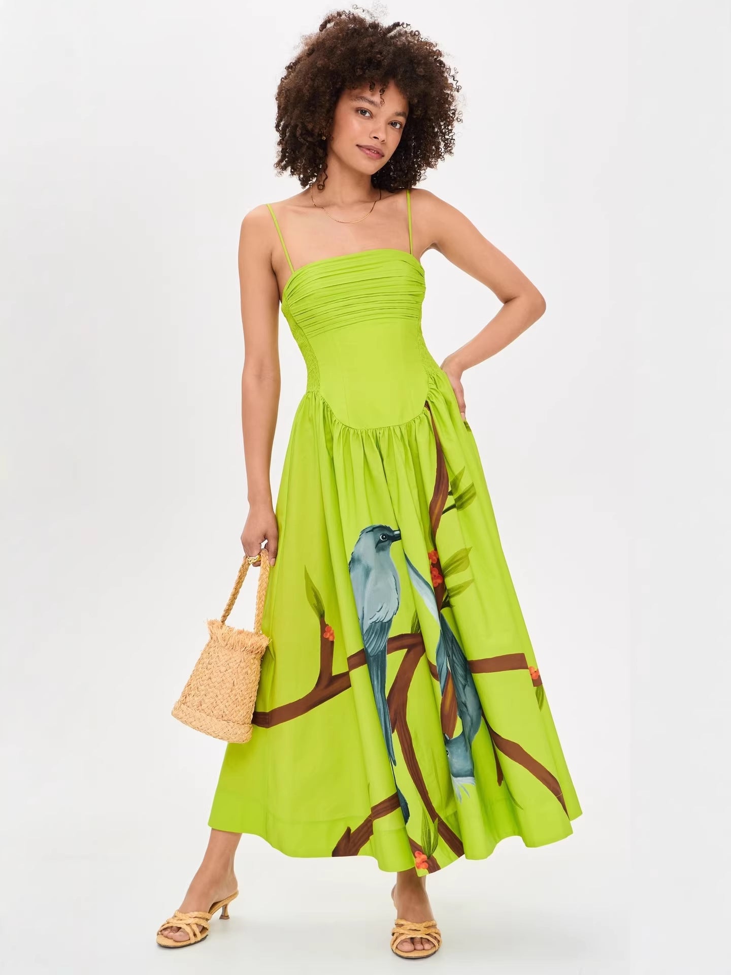 Women's Bird Print Corset Maxi Dress - Lime Green