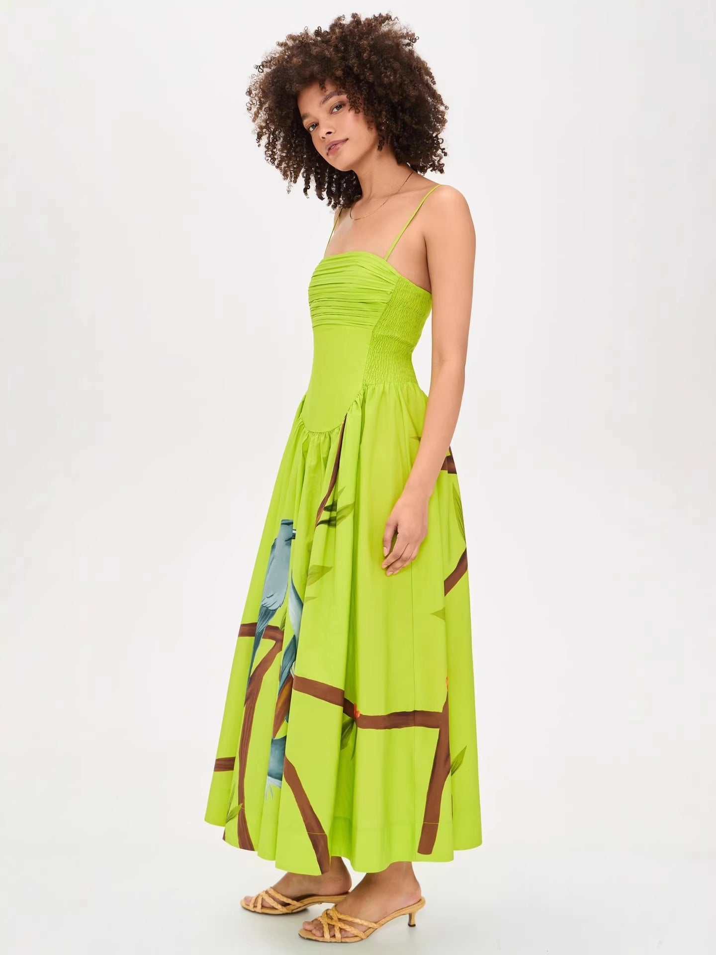 Women's Bird Print Corset Maxi Dress - Lime Green