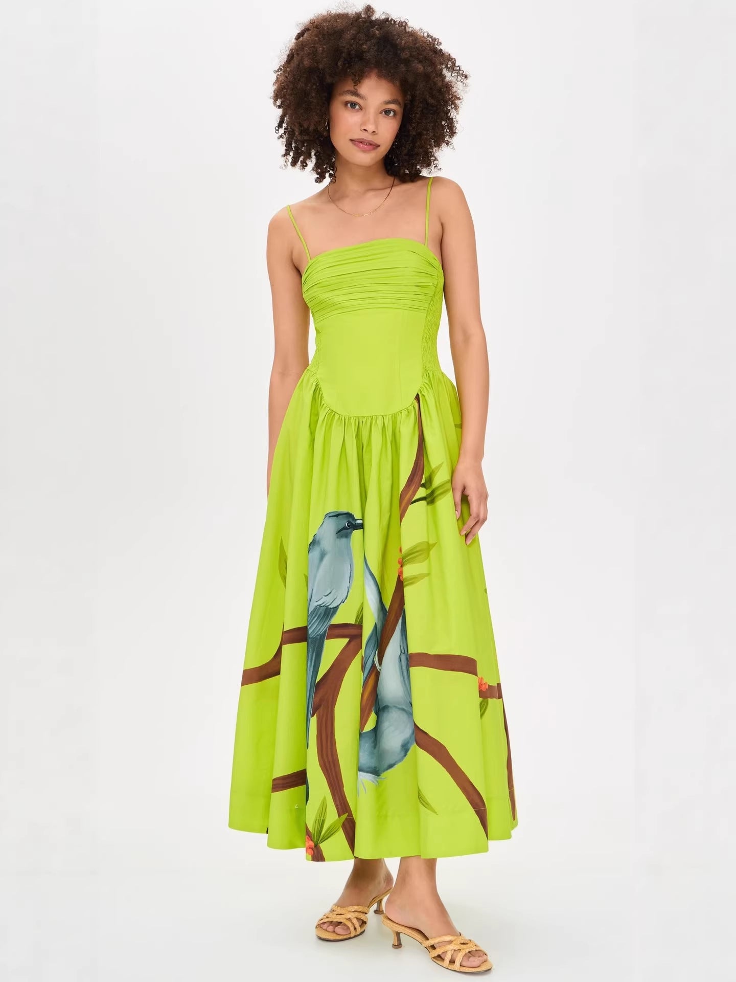 Women's Bird Print Corset Maxi Dress - Lime Green
