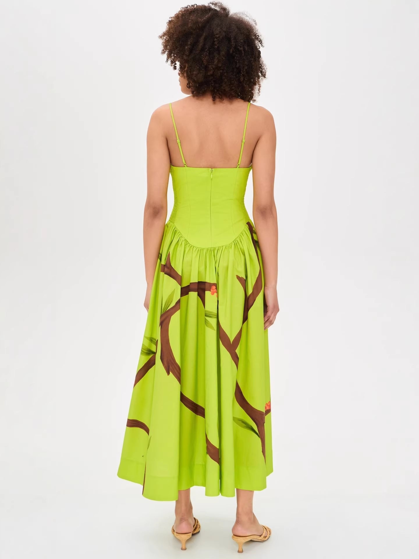 Women's Bird Print Corset Maxi Dress - Lime Green