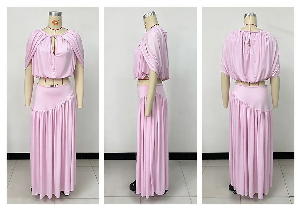 Women's Pleated Maxi Skirt Set with Cape Sleeve Crop Top